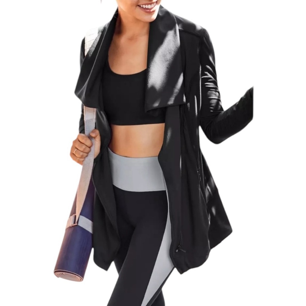 Athleta Blissout Jacket Small Black Moto Asymmetrical Thumbholes Pockets - Picture 7 of 15